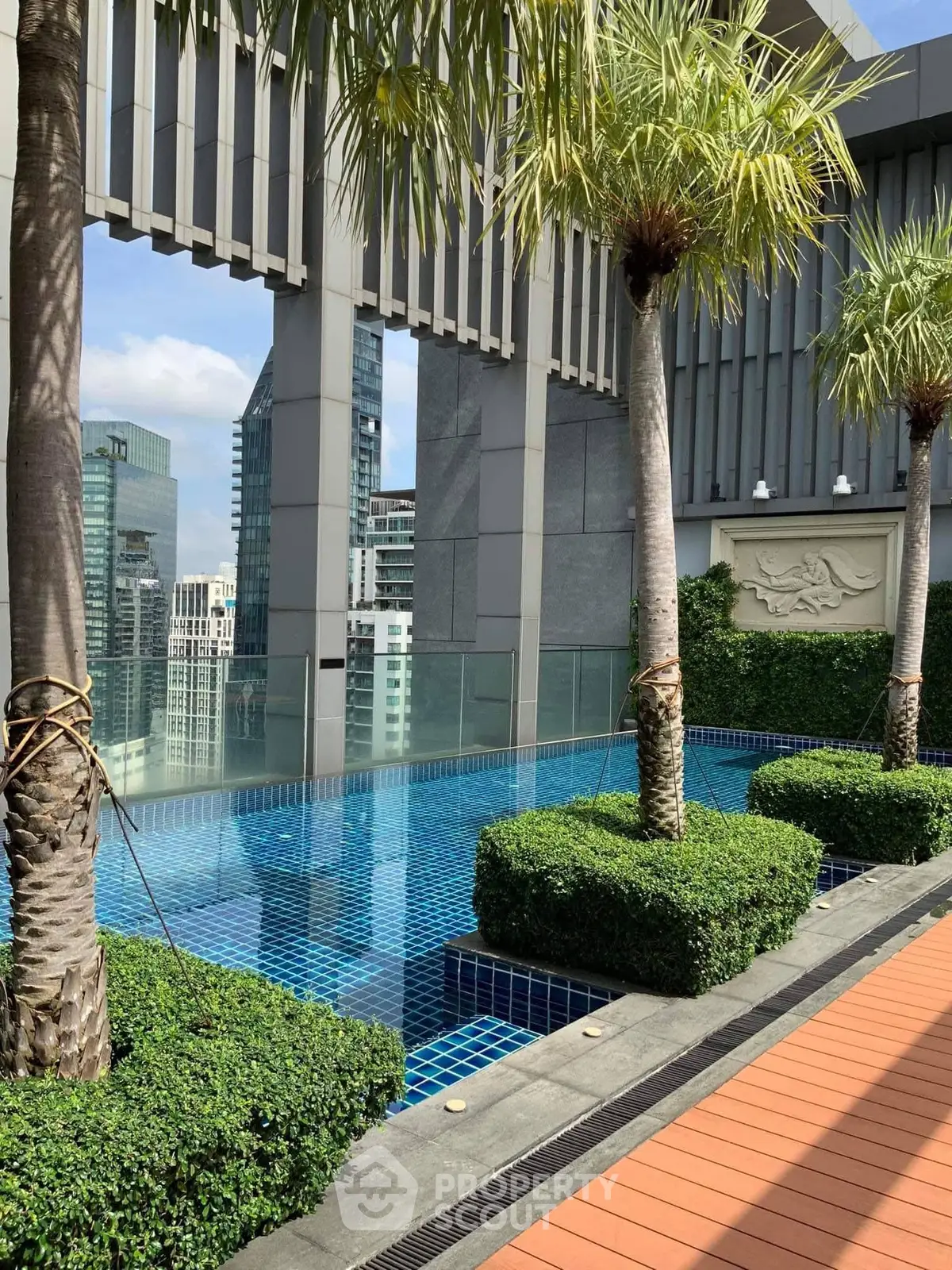 Luxurious rooftop pool with stunning city views and lush greenery