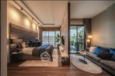 Luxurious bedroom with modern decor and balcony access, perfect for relaxation.