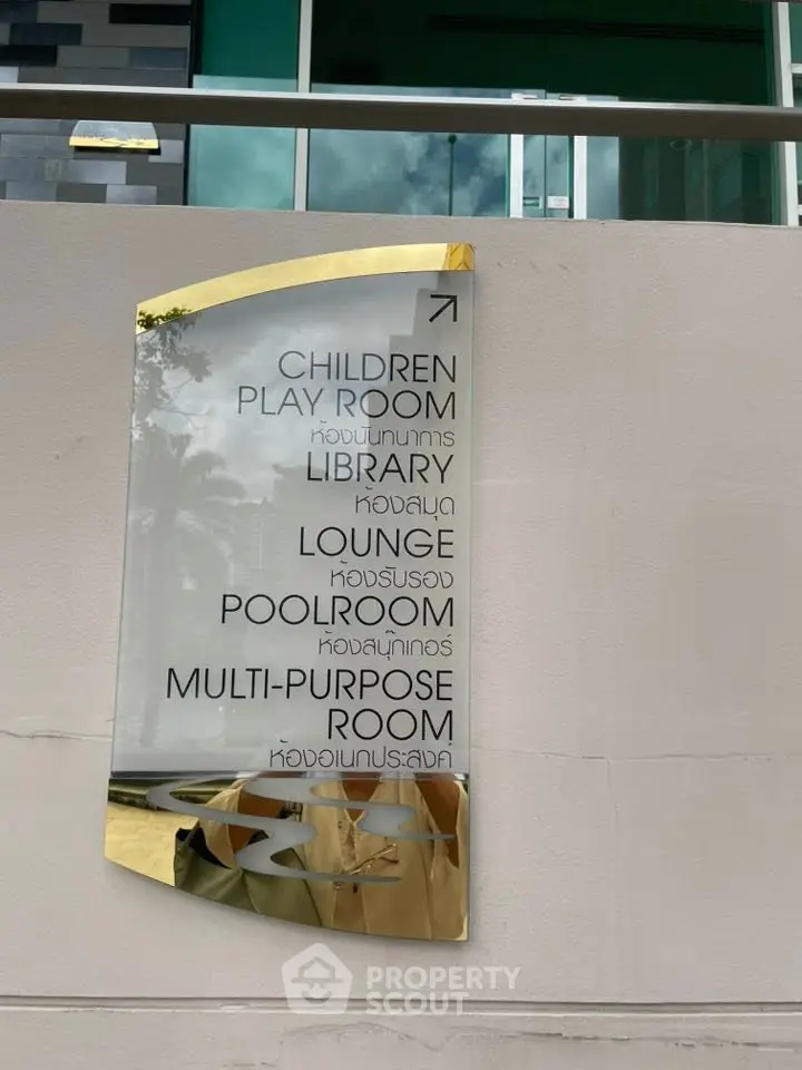 Modern building sign with directions to amenities like playroom, library, lounge, poolroom, and multipurpose room.