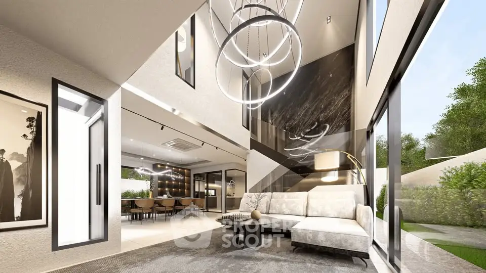Luxurious modern living room with high ceilings and elegant lighting, featuring large windows and stylish decor.