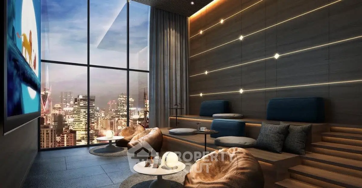 Luxurious high-rise living room with stunning city skyline view and modern decor.
