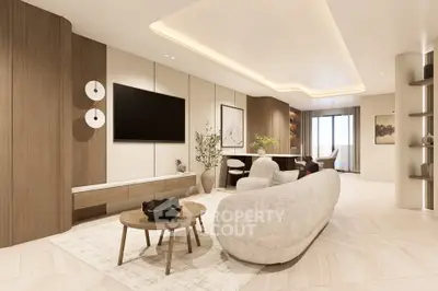 Luxurious modern living room with elegant decor and spacious layout, featuring a large TV and stylish furniture.