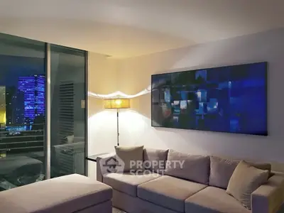 Modern living room with city view and stylish decor