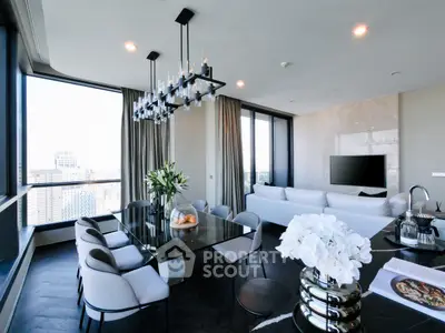 Luxurious modern living room with panoramic city views, elegant dining area, and stylish decor.