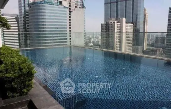 Luxurious rooftop pool with stunning city skyline view in modern high-rise building.