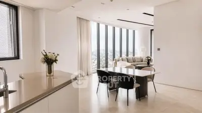 Luxurious modern living room with panoramic city views and elegant dining area.
