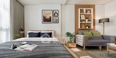 Stylish bedroom with cozy reading nook and modern decor