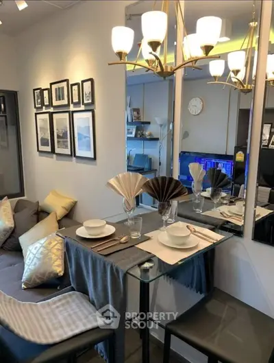 Stylish modern living room with elegant dining setup and chic decor