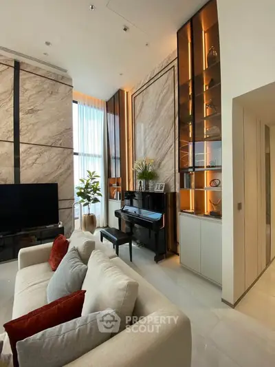 Luxurious modern living room with high ceilings, elegant decor, and a grand piano, perfect for sophisticated living.