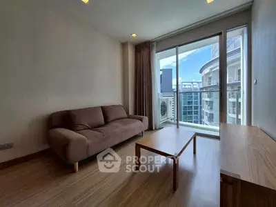 Modern living room with city view and cozy sofa
