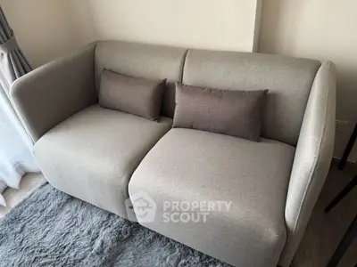 Modern cozy living room with stylish grey sofa and plush rug