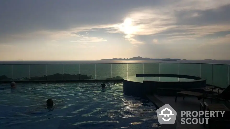 Stunning rooftop pool with panoramic ocean view at sunset