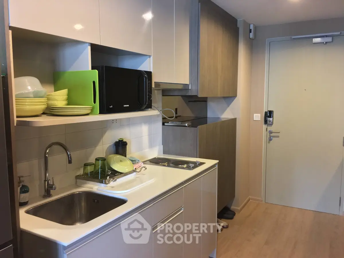 Modern compact kitchen with sleek cabinetry and built-in appliances in a cozy apartment.