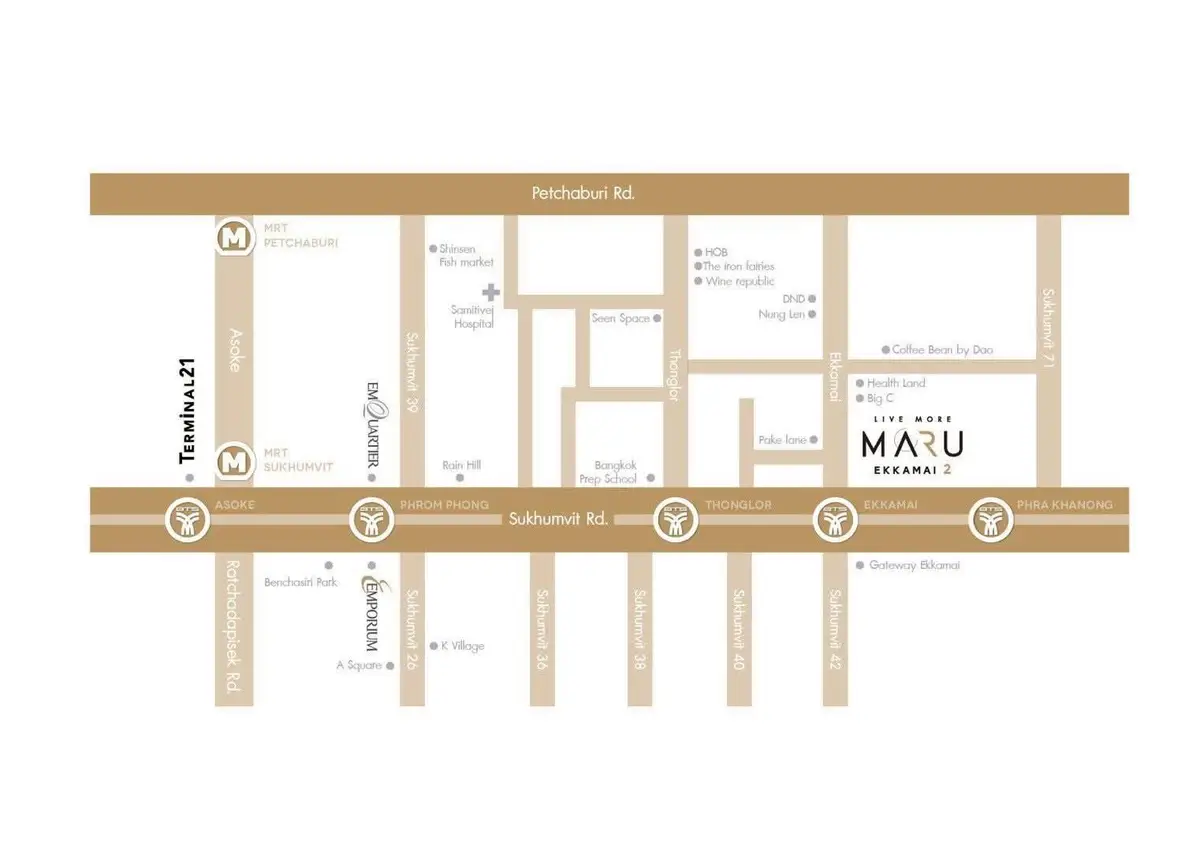 Map showing Maru Ekkamai 2 location near Terminal 21 and Petchaburi Rd.