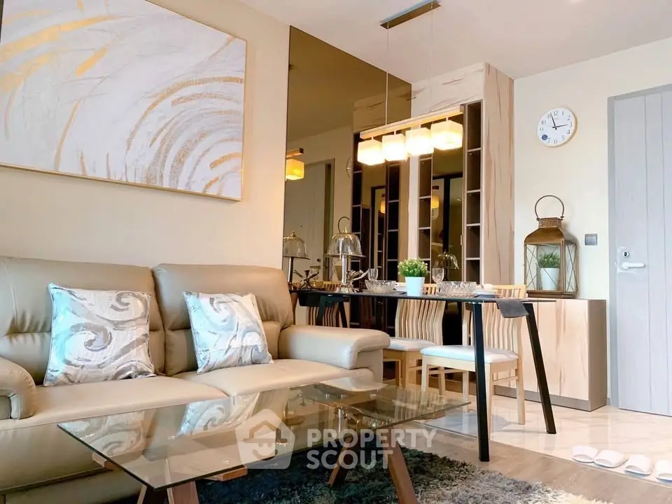Modern living room with stylish decor and dining area in open layout