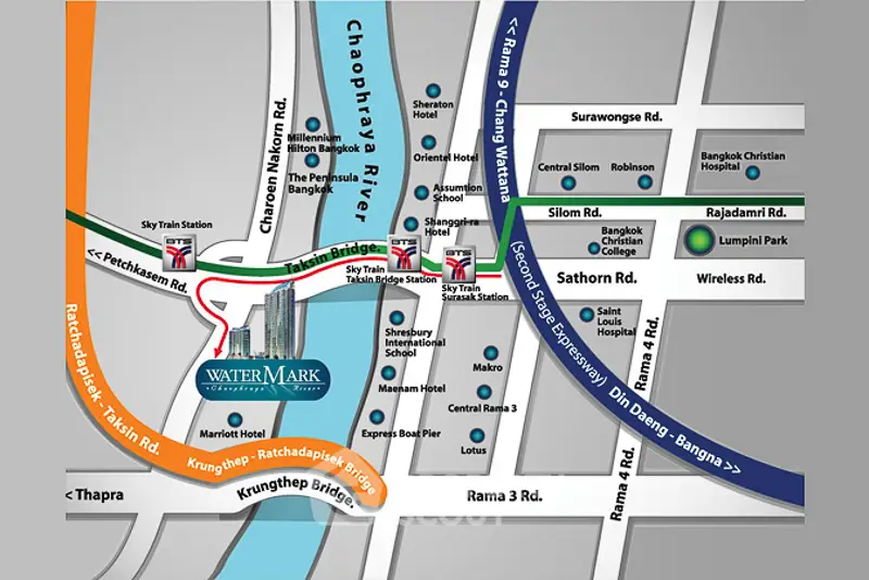 Map showing location of Watermark condominium near Chaophraya River and Taksin Bridge.