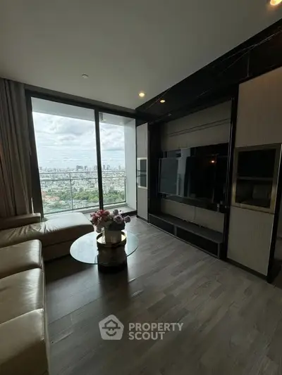 Luxurious living room with stunning city view and modern decor