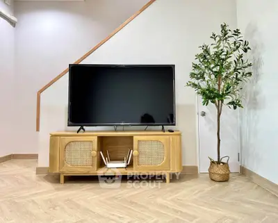 Modern living room with stylish TV stand and potted plant, showcasing elegant interior design.