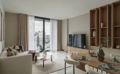 Modern living room with city view, stylish furniture, and elegant decor in a high-rise apartment.