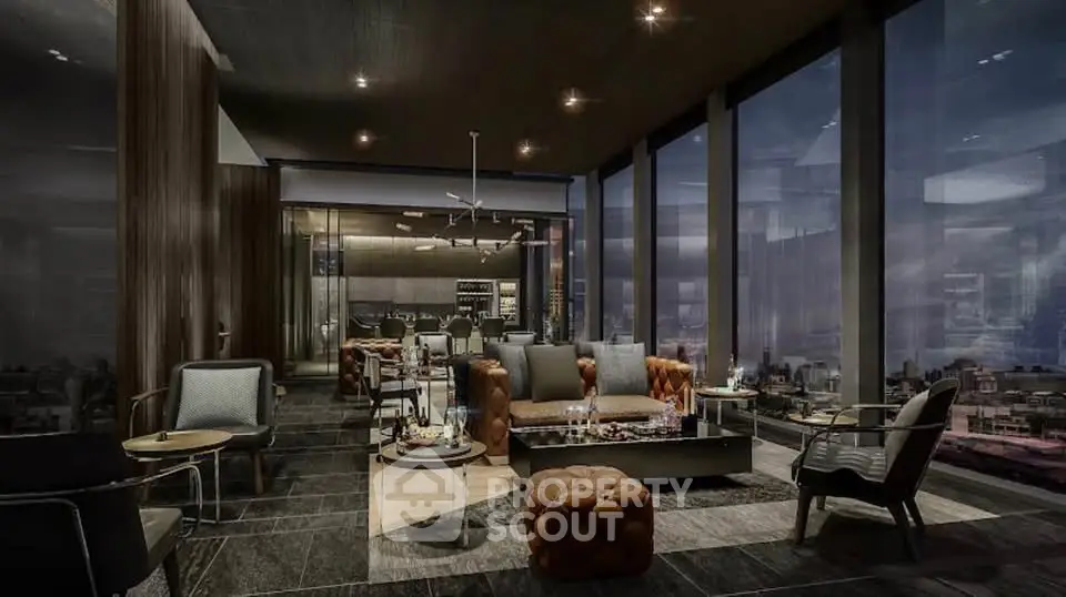 Luxurious modern living room with panoramic city views and elegant furnishings.