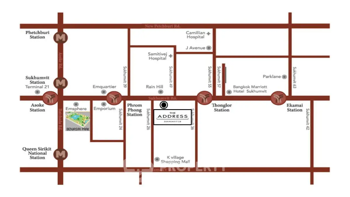 Prime location map showcasing proximity to shopping centers and hospitals near The Address Sukhumvit 61.