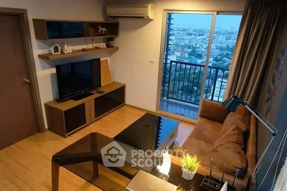 Modern living room with city view and stylish decor