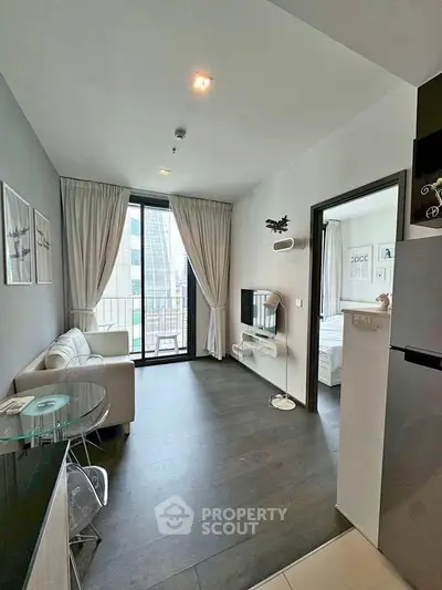 Modern living room with balcony view in a stylish apartment