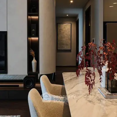 Elegant modern living room with marble table and stylish decor