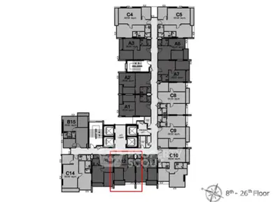 Floor plan layout for 8th to 26th floor showcasing apartment units and common areas.