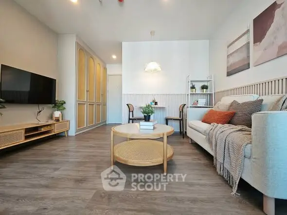 Modern living room with stylish decor and cozy seating area