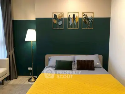 Stylish bedroom with modern decor and cozy lighting