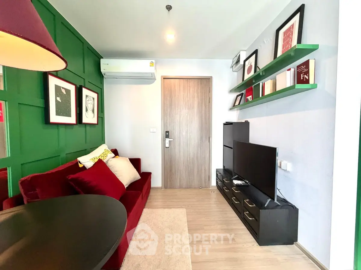 Stylish living room with modern decor and vibrant green accent wall