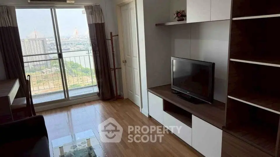 Modern living room with balcony view and stylish shelving unit