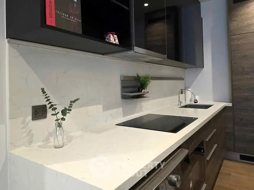 Modern kitchen with sleek countertops and built-in appliances in a stylish apartment.
