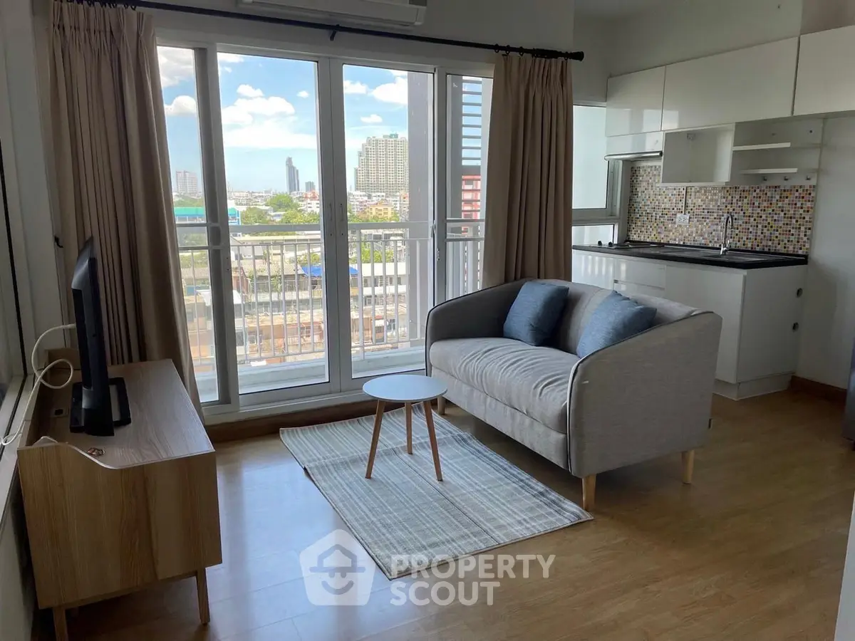 Modern living room with balcony view in urban apartment