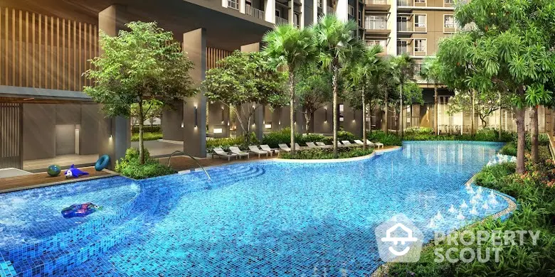 Luxurious condominium pool area with lush greenery and modern design