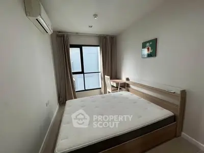 Modern minimalist bedroom with large window and air conditioning unit.