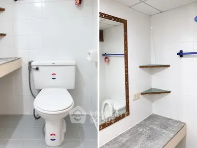 Modern bathroom with sleek fixtures and minimalist design, featuring a toilet and stylish shelving.