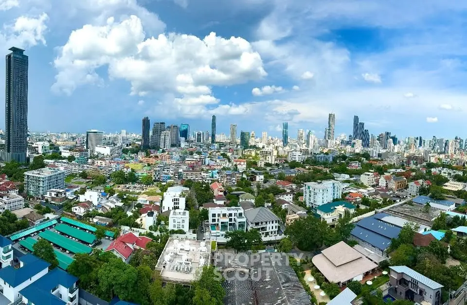 Stunning panoramic cityscape view showcasing urban skyline and residential areas under a vibrant blue sky.