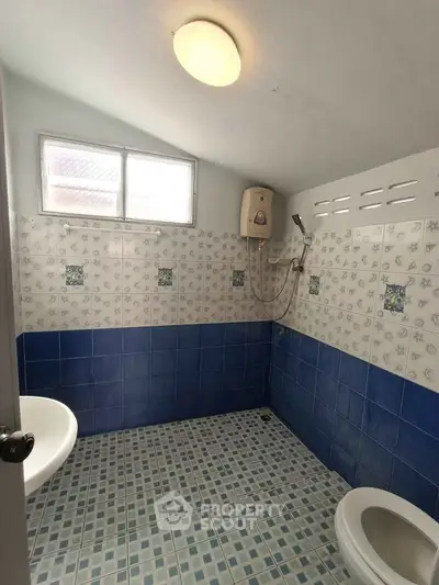 Charming bathroom with blue and white tiles, featuring a modern shower and natural light.