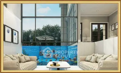 Luxurious living room with stunning aquarium view and elegant decor