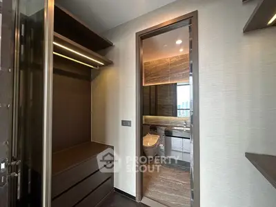 Luxurious modern bathroom with sleek design and city view