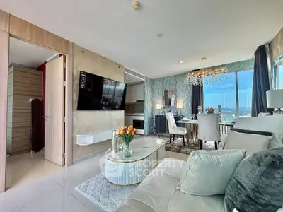 Luxurious modern living room with elegant decor and stunning city view
