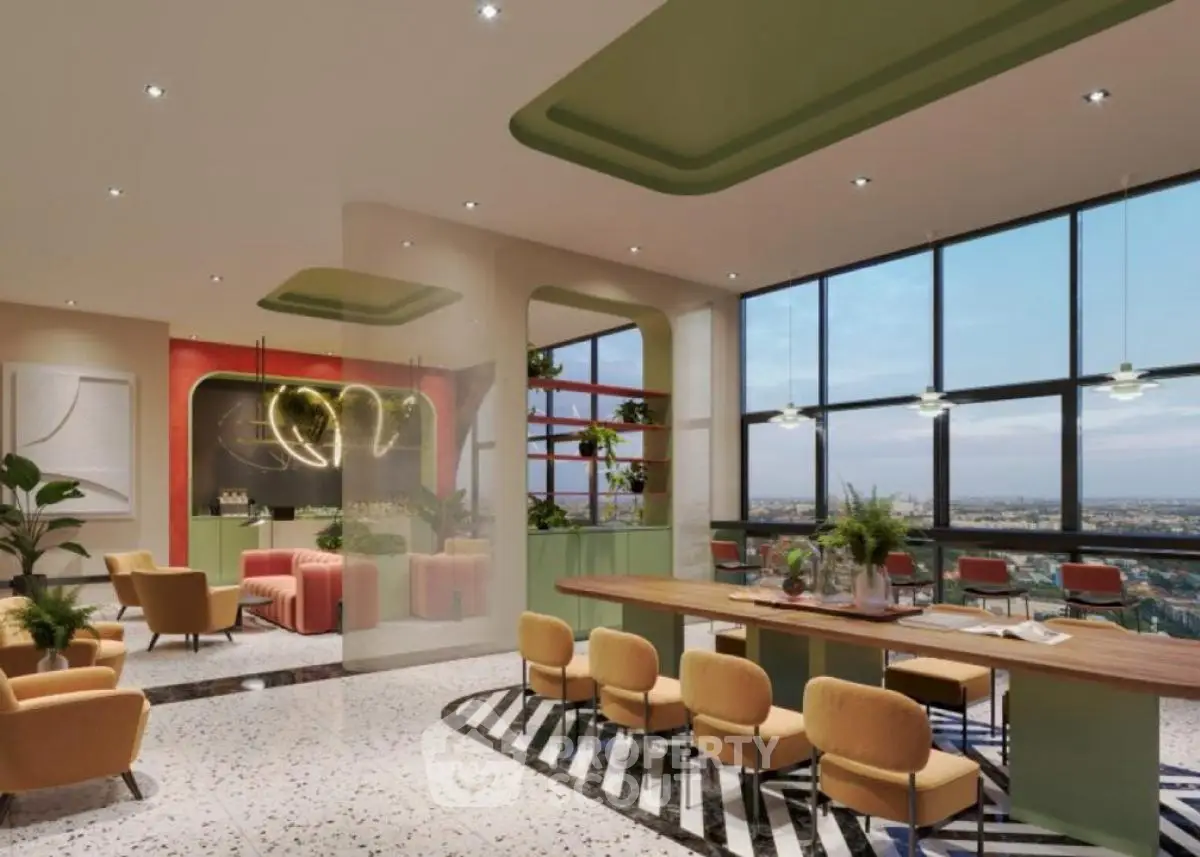 Luxurious modern living room with panoramic city view and stylish decor