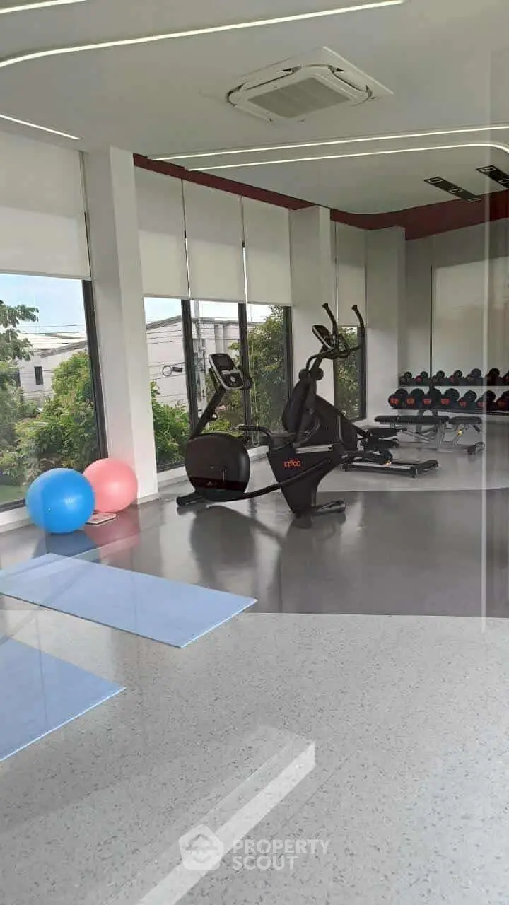 Modern gym with exercise equipment and large windows offering natural light.