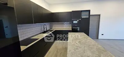 Modern kitchen with sleek black cabinets and spacious countertop