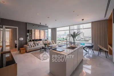 Luxurious open-plan living room with stunning city view and modern decor