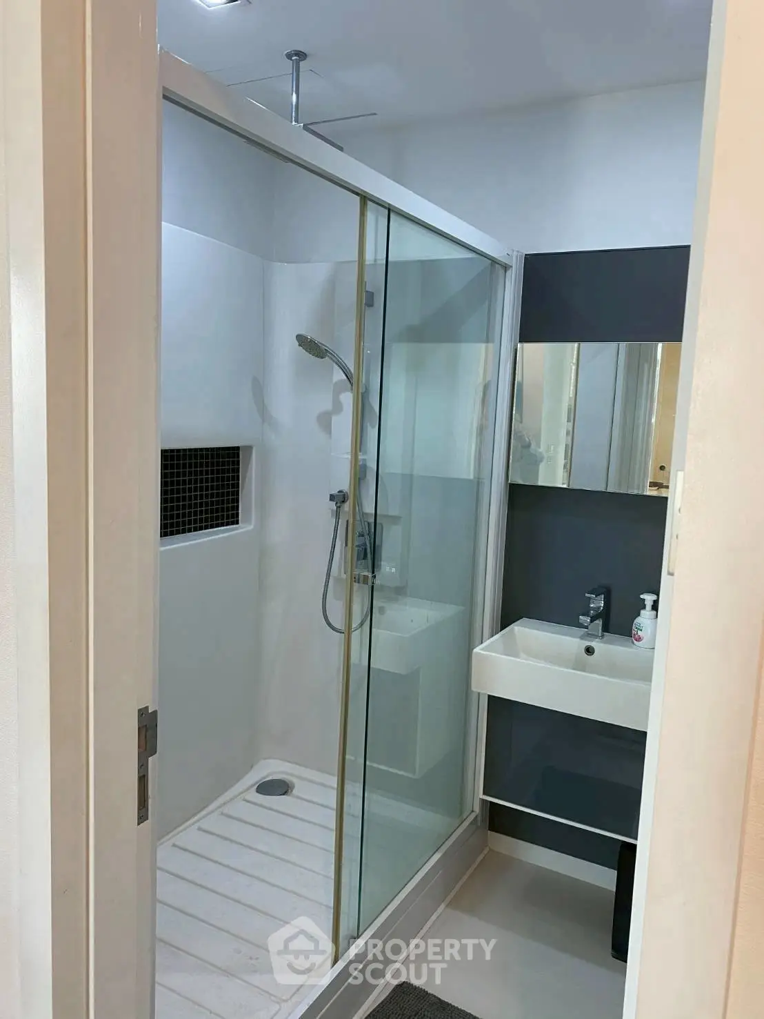 Modern bathroom with glass shower enclosure and sleek sink design