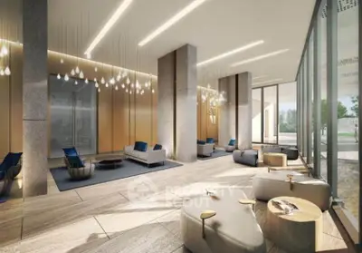 Luxurious modern lobby with elegant lighting and stylish seating in a high-end building.