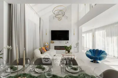 Luxurious modern living room with elegant decor and large windows